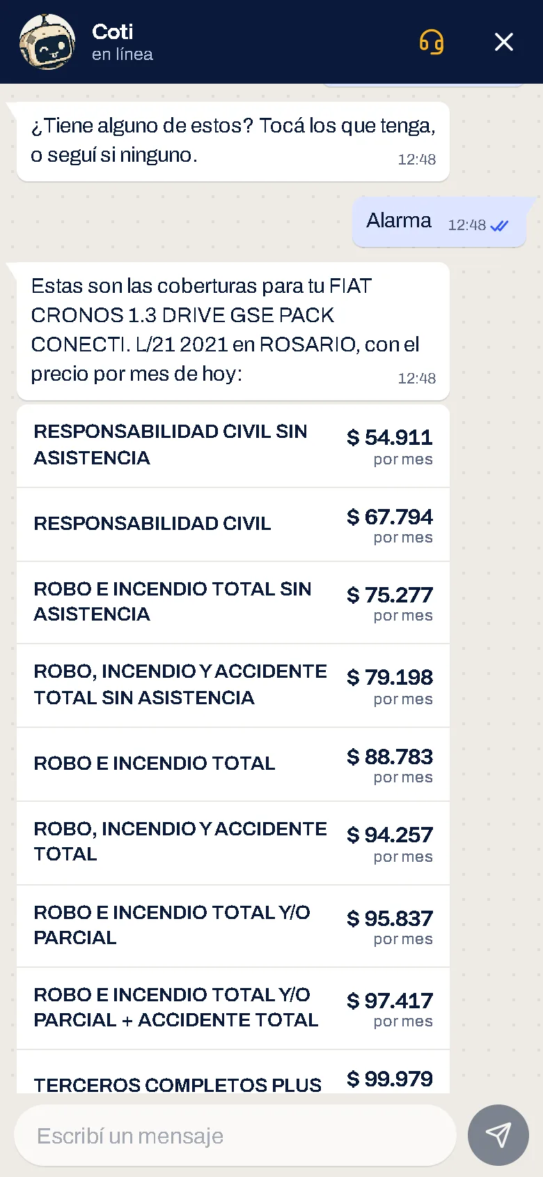 Coti muestra las coberturas de un auto de prueba con su precio por mes